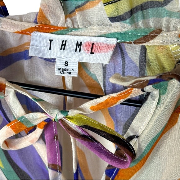 THML Abstract Multicolor Sheer Ruffle Blouse Tie Neck Long Sleeve Women’s Small - Picture 4 of 8